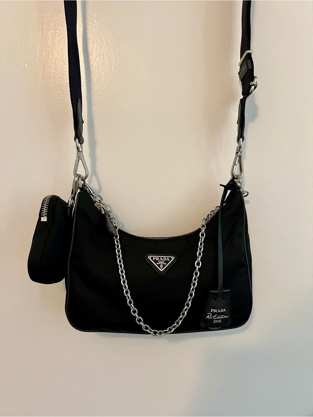 Prada Black Nylon Shoulder Bag with Silver Chain